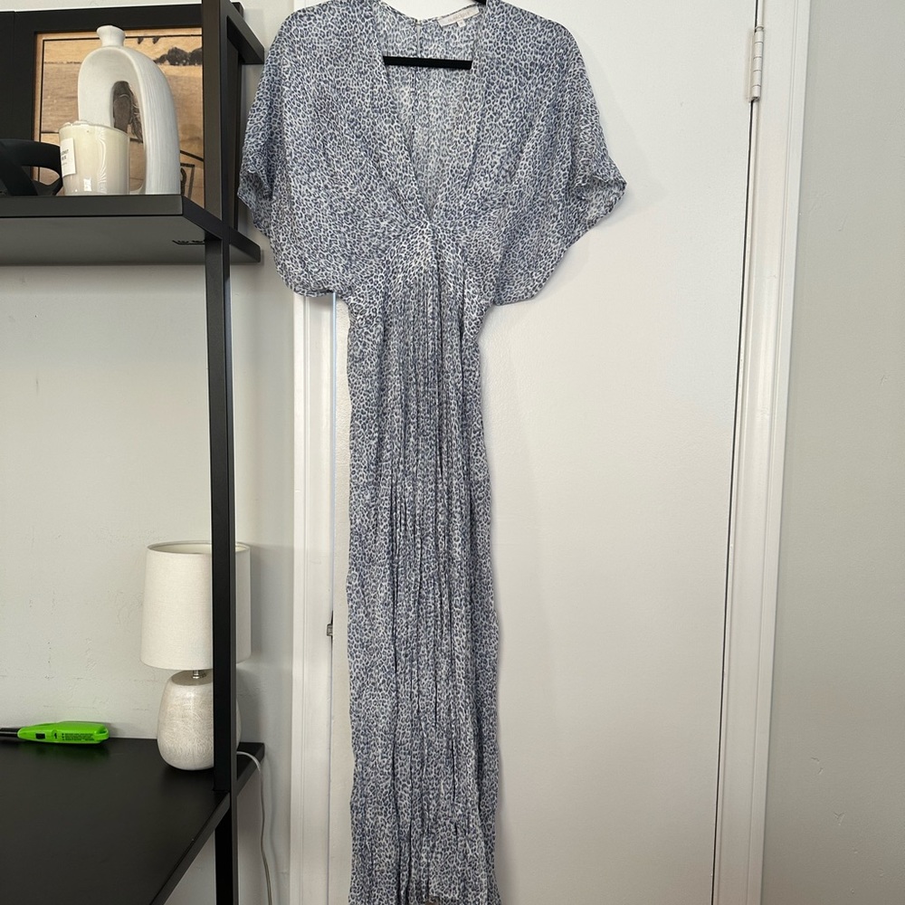 Olivaceous blue and white leopard print maxi dress with side slits size small